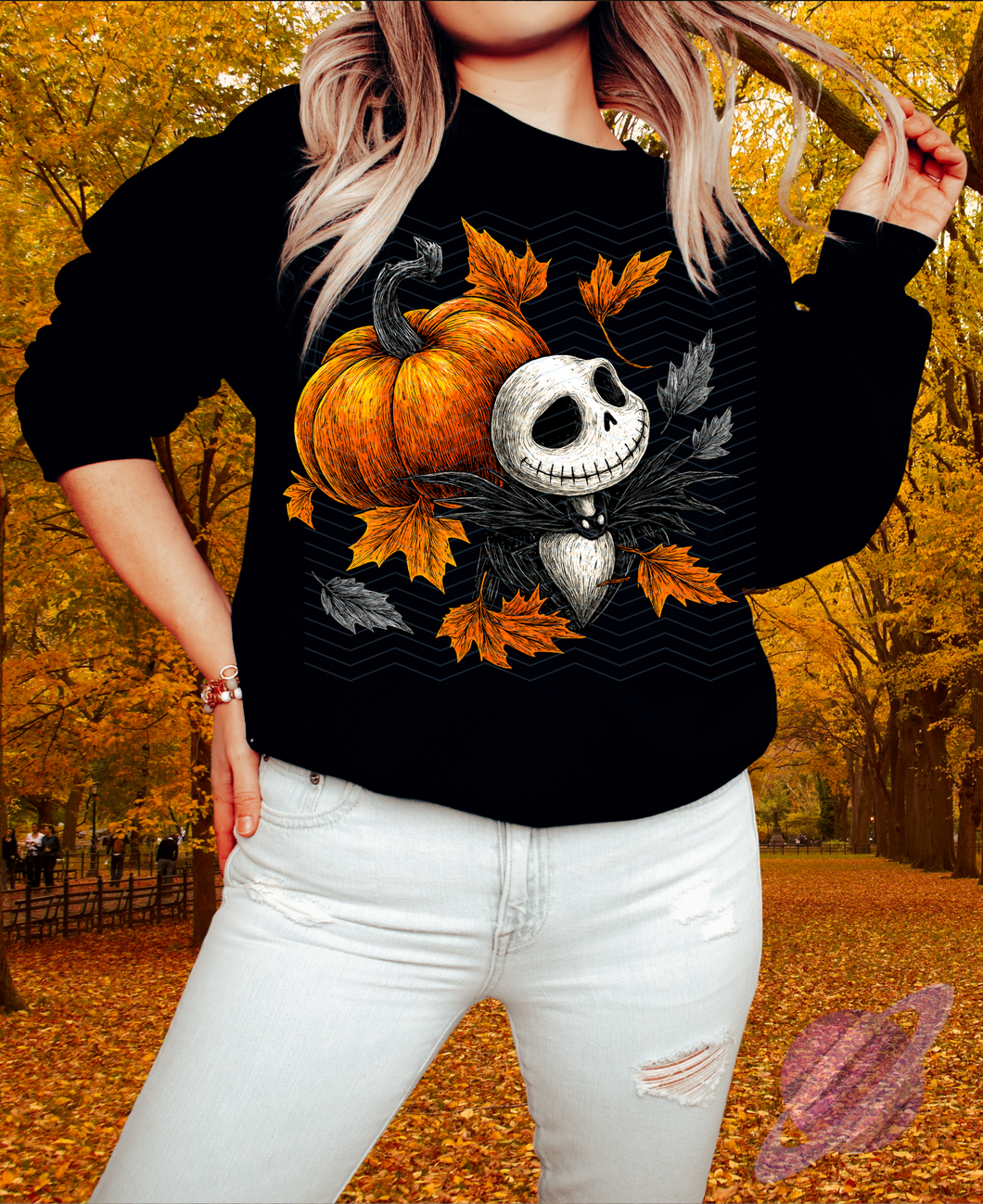 FALLING LEAVES-PUMPKIN SKELE-CREWNECK SWEATSHIRT